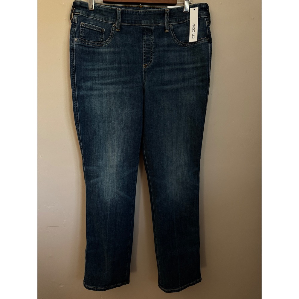 Chico's Modern Pull On Straight Jeans Women 1.5R Blue Santorini Indigo NEW